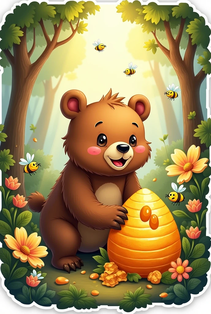 create a unique sticker of a bear and honey