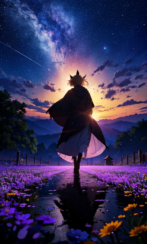 １people々々々々々々々々々々々々々々々々々々々,Woman with medium length blonde hair，Fox Ears，Long coat，Takageta， Dress Silhouette， Rear View，Space Sky, Flower Field，Colorful flowers，Dancing Petals，full moon，shrine，