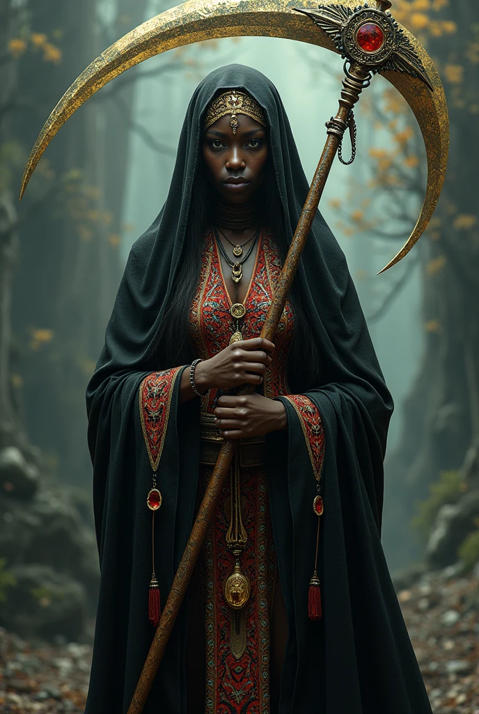 Create the image of the goddess of death from Brazilian indigenous culture, skin black, black clothes with red and gold details. With a scythe in hand.