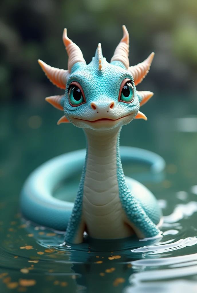 Create realistic colored water dragon towards the screen that is thin , tender and playful
