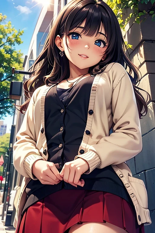 #Basics A girl is posing for a photo, (((One Girl))), (((Baby Face:1.4)) + ((cute:1.4)) + ((15 years old))),
break
#Clothing Accessories
((Red long tight skirt)) + ((Black camisole)) + ((Cream sheer cardigan:1.4)) + (Blue sneakers),
(red gem earrings), (Silver Necklace),
break
#Features
((Black Hair:1.2)) + ((Oblique bangs + Very long side bangs)) + ((Medium Hair : Long Hair + Wavy Hair + Hair curled outside)),
((Droopy eyes:1.4, Big eyes:1.2), blue eyes), (Small breasts:1.2), (Neutral facial features),
break
#background environment
((noon, Sunlit sidewalk in downtown + street tree)),
#Facial Expression Pose
(smile, blush), (model posing),
#composition
(Turn your face away from the camera), ((Character Focus), (Angle from below), (Cowboy Shot)),
break
#Body parts elements
(Slim figure),
(Symmetrical facial features),
(Detailed Hair, Beautiful Hair, Shiny Hair),
(double eyelid, Long eyelashes, Thin eyebrows:0.5, Thin eyebrows:0.5),
(Expression of fine eyes, Beautiful and delicate eyes, Sparkling eyes, Eye Reflexes, Glitter Eyeliner),
(Human Ear),
(Beautiful Nose, Thin Nose),
(Glossy Lips, Beautiful Lips, Thick lips),
(Detailed skin, Textured skin, Beautiful Skin, Oily skin),
break
#Quality Image Quality Common
(((Highest quality)), ((masterpiece:1.3)), ((Very detailed))), ((Ultra-high resolution)), ((16K, 1080P)), ((Full HD)),
(Anatomically correct), (Realistic), (3DCG), (Oil painting),
((comics, anime)), (CG illustration), (RAW Photos),