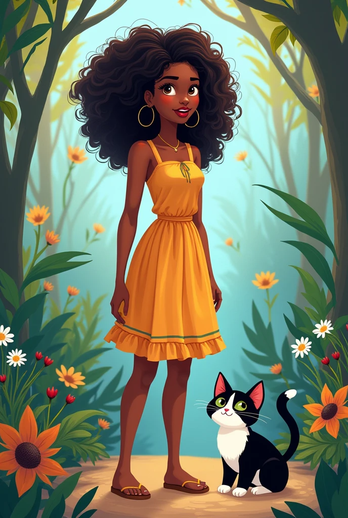 a disney image of a dark-skinned woman, curly hair; that she is standing and accompanied by a black and white cat