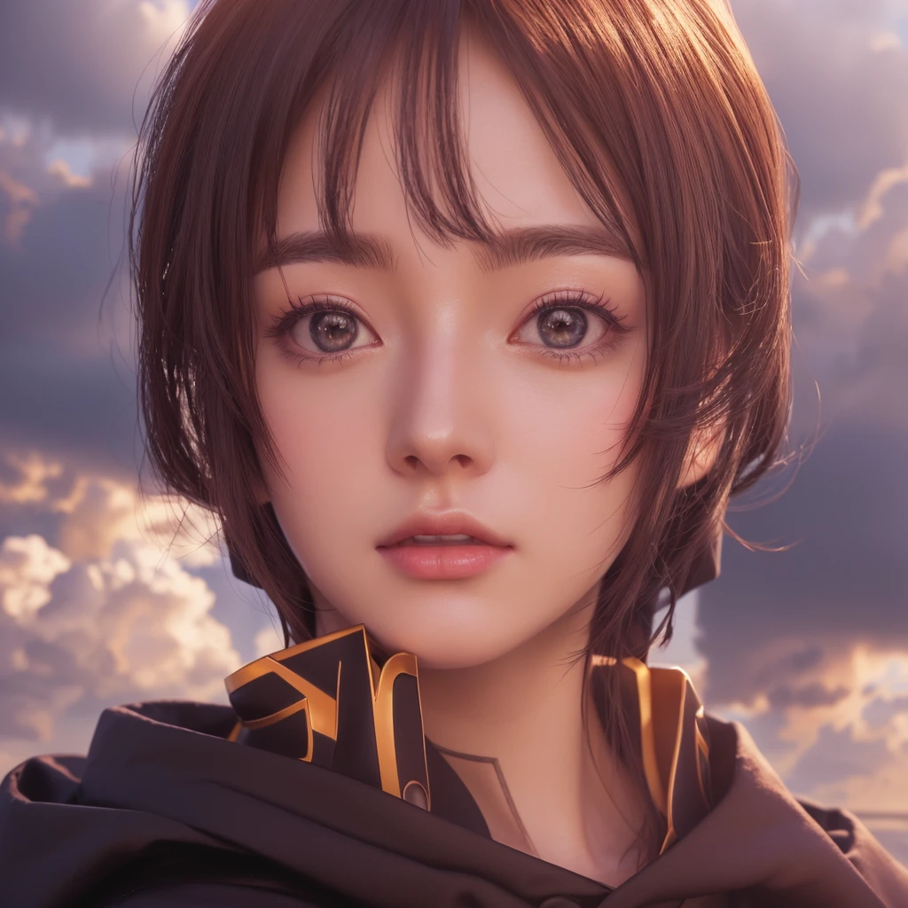 Close-up of a hooded person with sky background, Realistic Anime 3D Style, Smooth anime CG art, 3D Anime Real, Anime Realism style, Detailed digital anime art, Ultra realistic anime, Anime Style. 8k, Portrait of a female anime hero, Created by Anime Painter Studio, Anime Realism, Highly detailed facial anime, Realistic anime art style
