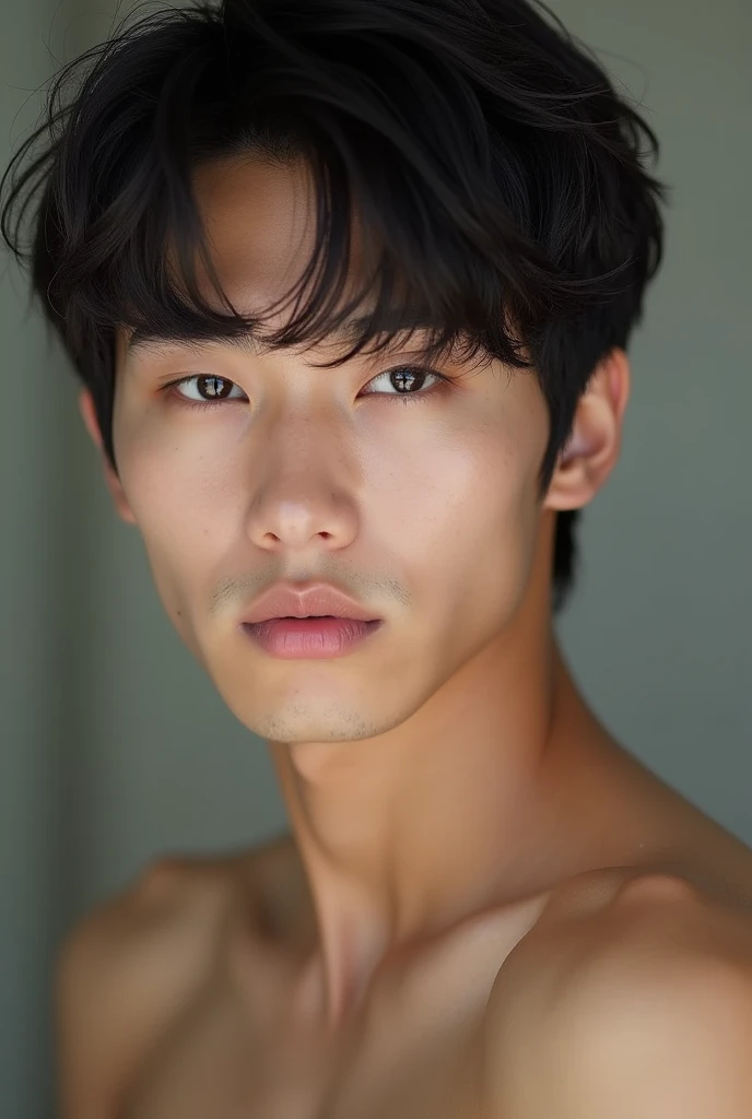 Handsome korean boy with bing eyes, nude, hairly, showing his penis