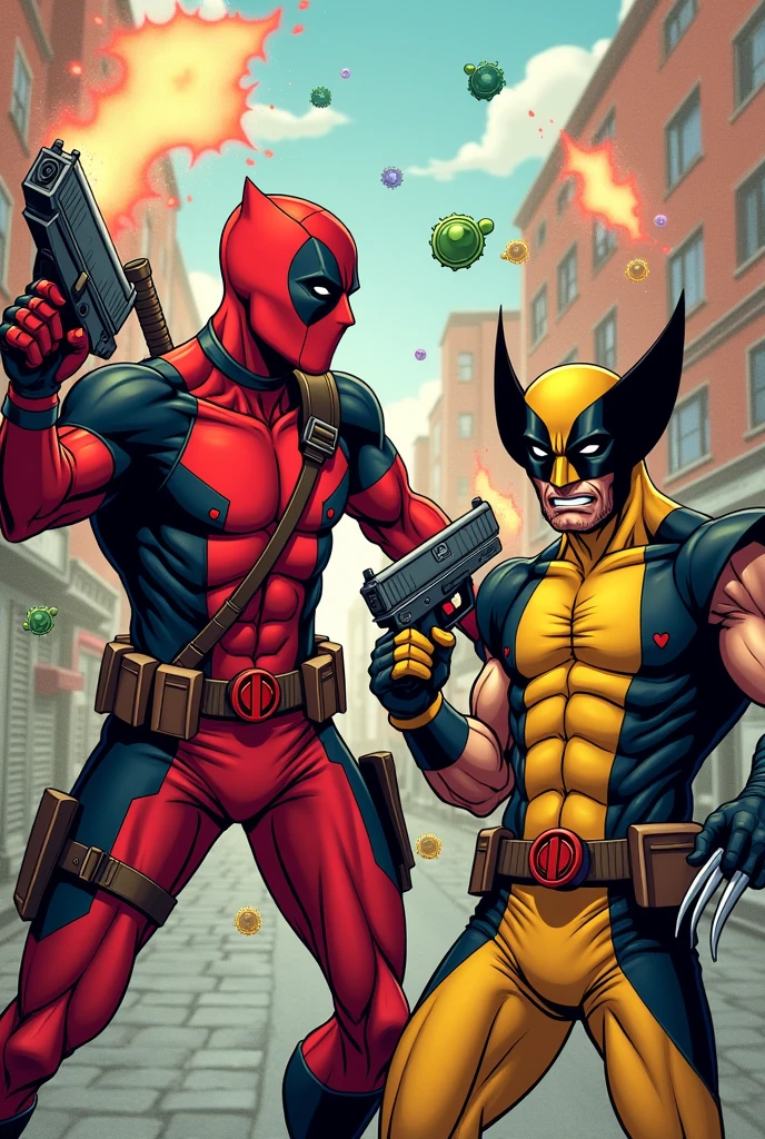 Deadpool and Wolverine fighting HIV with condom guns