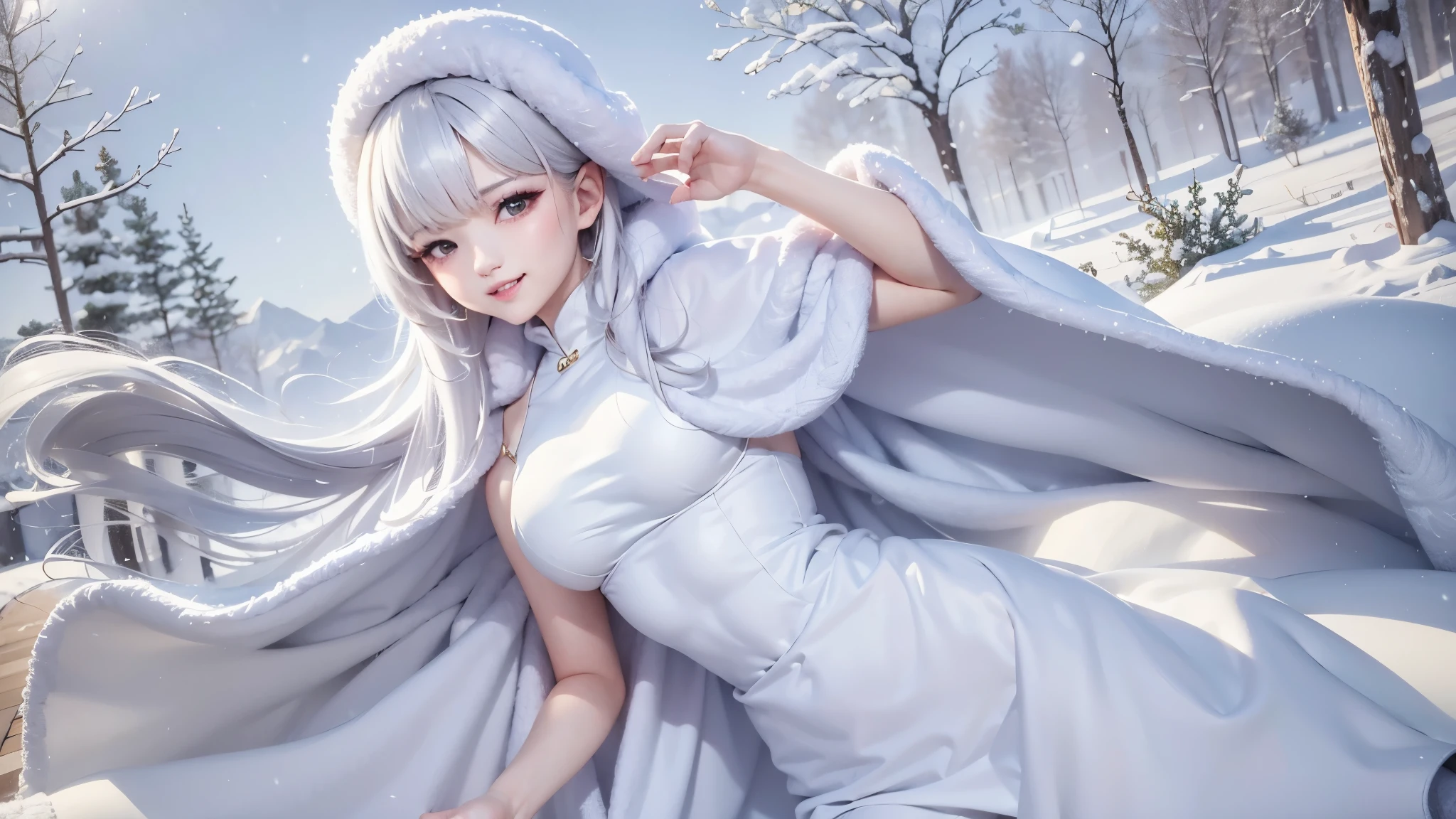 ((masterpiece:1.5、8k、Portraiture、フォトリアリスティックでVery detailedなCG、Very detailed、Particle Effects、Dynamic Effects、Shallow depth of field、Cinematic Light、Lens flare、Ray Tracing、Tabletop、Realistic:1.4、Ultra-high resolution:1.2、Realistic、Realistic)). ((1girl, honeystyle, Slender, Woman wearing a white fur coat over an off-the-shoulder dress:1.4、wear a long scarf、Elegant woman posing、Detailed face、Bright expression、medium 、Best Looks、Ultimate beauty、Shiny silver hair、Super long, Silky straight hair))(morning、winter, snow, sunlight filtering through trees)