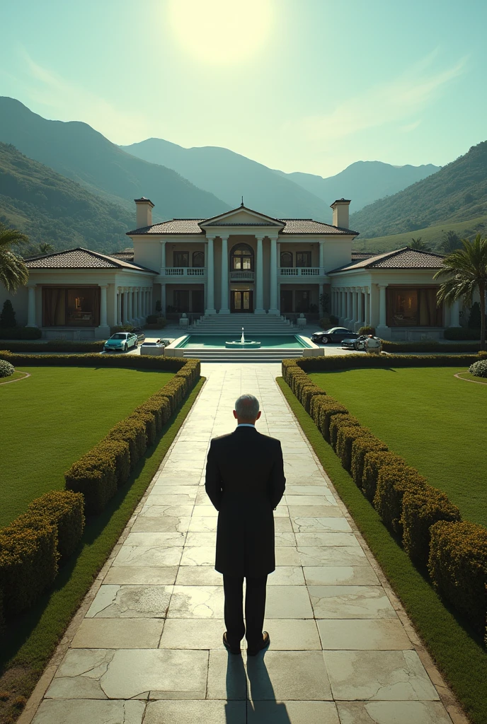 Long shot of billionaire in his compound