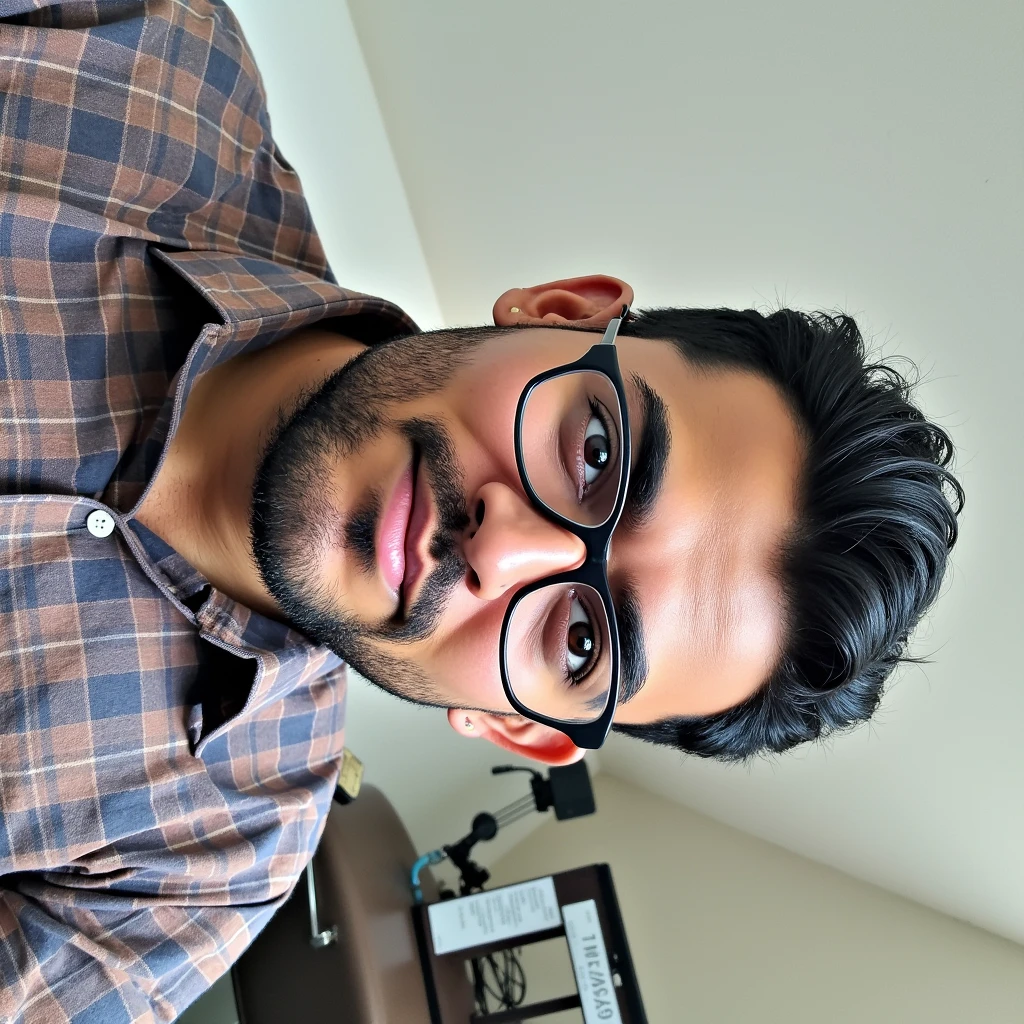 Dark-haired man with glasses, short black hair and brown plaid shirt, high quality 