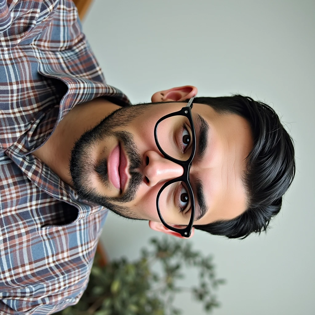 Dark-haired man with glasses, short black hair and brown plaid shirt, high quality 