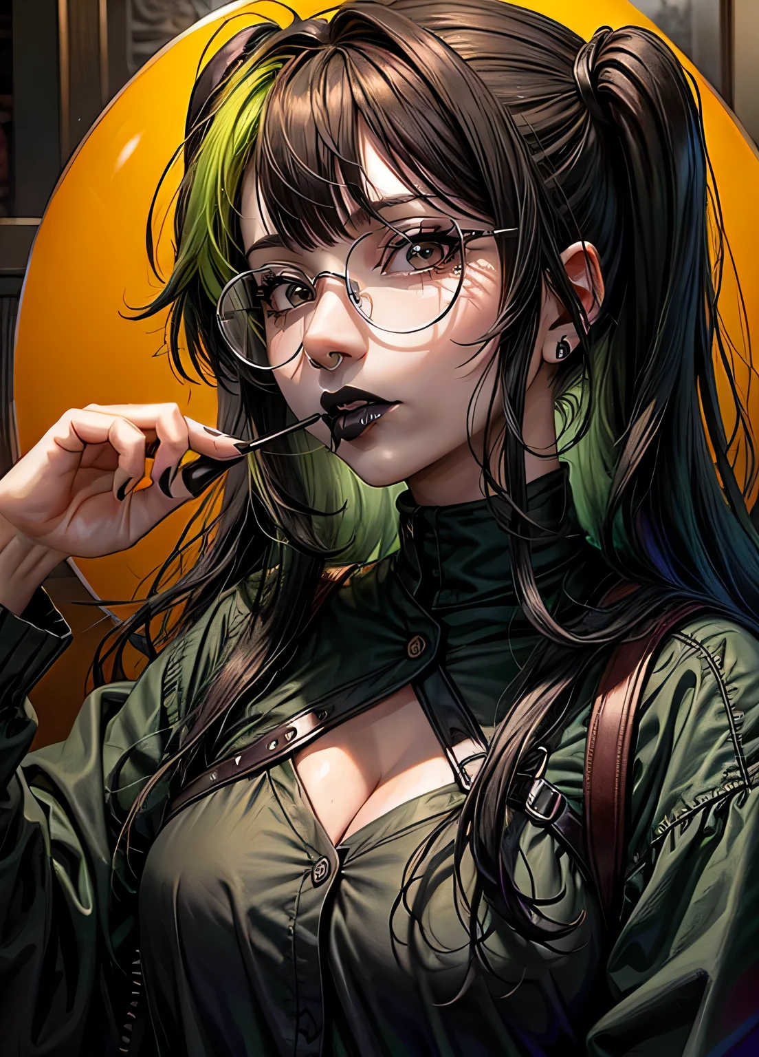 Masterpiece:1.4, BigT1ttyG0thEgg, black and green split dye, round glasses, black lipstick