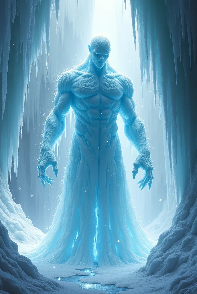 Draw a humanoid ice monster wrapped in snowflakes and surrounded by ice stalagmites with frozen beings inside.