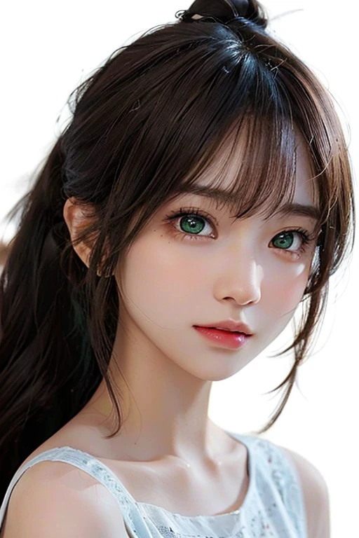 /imagine: Digital illustration of a young woman in her twenties。((face:
丸face、Thick eyebrows、健康的なface立ち
大きな目と高い頬骨
目:
Green Eyes、Sparkling eyes and star-like highlights:
ponytail、Part your bangs to the side. Light brown skin.:
Healthy tan skin look:
明るく元気な笑face))。Simple white background、Highlight her features。The style is photorealistic、The texture of the skin and the fine details of the hair are depicted with great detail.。The image is in portrait format、Composition suitable for SNS profile picture。