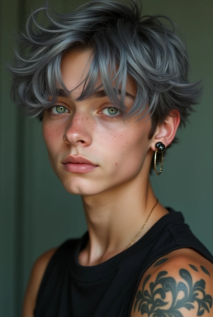 an boy who have light green eye with grey and black colour hairs and looks handsome have good body with good looking clothes and have louts tatto