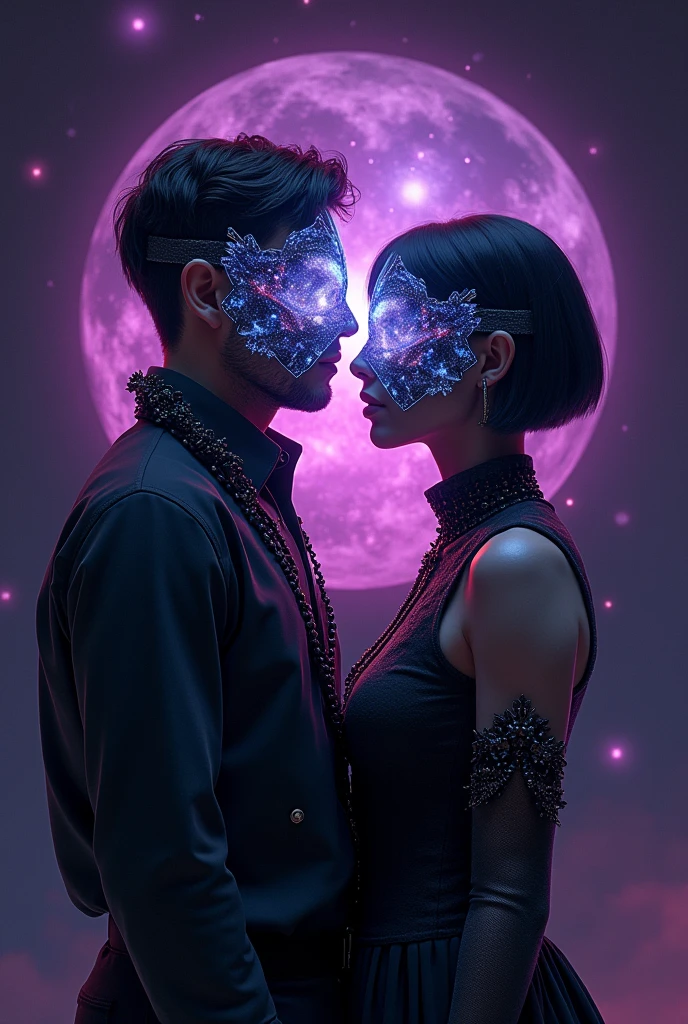 Create a profile picture for a YouTube channel of two people. On the channel, we will address science and philosophy, history, with a purple and black background. Make everything look like fantasy and incredible. I don't want realism. A man and a woman. Don't make them look like they have some kind of romantic connection. They are friends and don't show their faces. They are just friends. I make them look straight ahead, but put a universe mask on their faces. The woman has shorter hair and they are still looking forward. The woman has shaved hair and they are looking at the camera. He is her nephew. No way. The man has short hair and the woman has very short hair, but not shaved. Leave them in the same position as before, with their backs to each other.