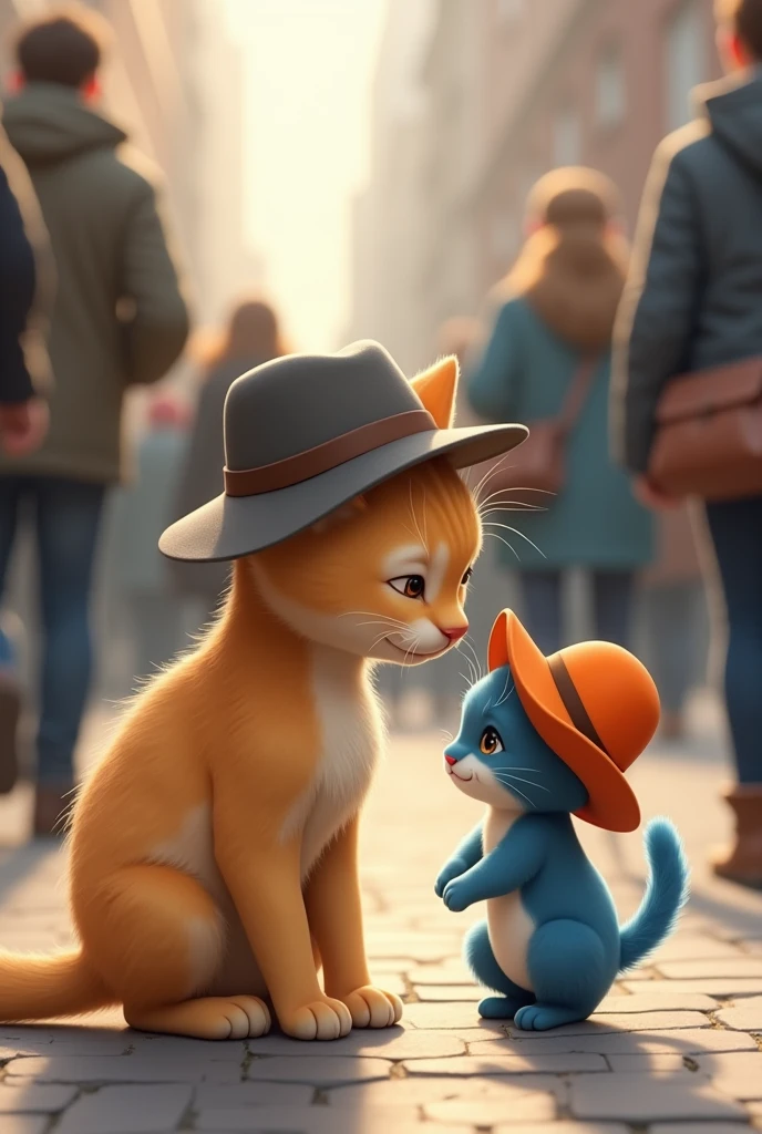 A beige cat with grey hat comes to a crying blue kitten with orange hat on the street and starts protecting him from the crowd