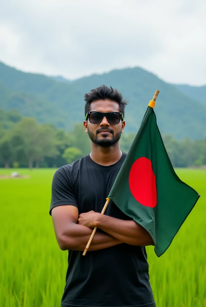 a bangladeshi man wearing sunglasses and a black t shirt, standing in front of a big green field. Photos focus on the man who carried flag with full body. He is holding a bangladeshi flag.
