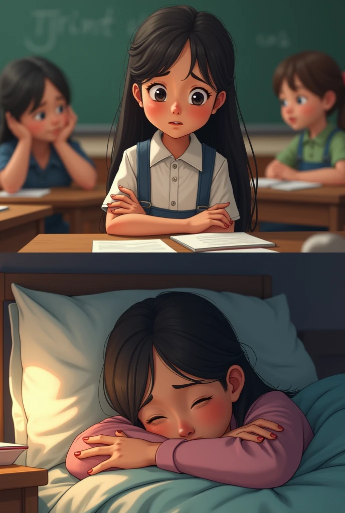 I want two photos, one in which a girl gets bad grades at school and another in her home consoling herself for her bad grades because she is pretty.