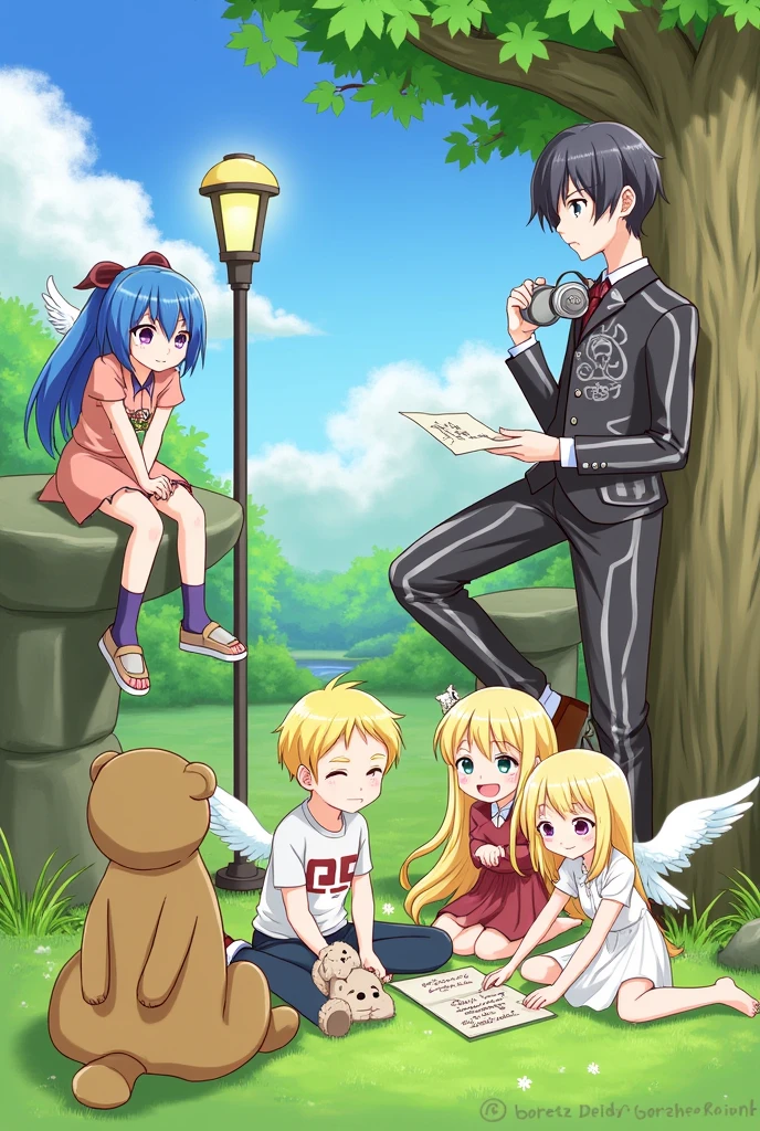 Make a fanart in a garden, where there is a boy sitting with a teddy bear bag sitting next to two girls with blond hair writing the name 雷 On a paper stretched on the floor, then make a boy with black hair wearing a skull suit and headphones on top of a tree, then a girl with angel wings on top of a rock, then one leaning against the tree with blue hair and a pole with a lamp on her back and a boy leaning against it, then make a boy dressed as a bear