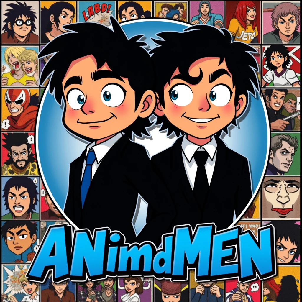 Background is a collage of various action themed manga panels, and in the centre lies animated avatars of a duo of black suited Indian men in an area covering about 40% of the logo below which is written "ANImidMEN" in blue font colour in joker font style in a 1:1 frame
