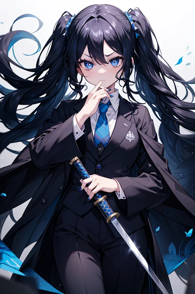 A girl with loose hair, black and curly, wearing a black suit with a blue tie and a white cape, wielding a sword, the character has eyes with a black background and blue pupils, sharp blue nails, What is the anime Kimetsu no Yaiba 