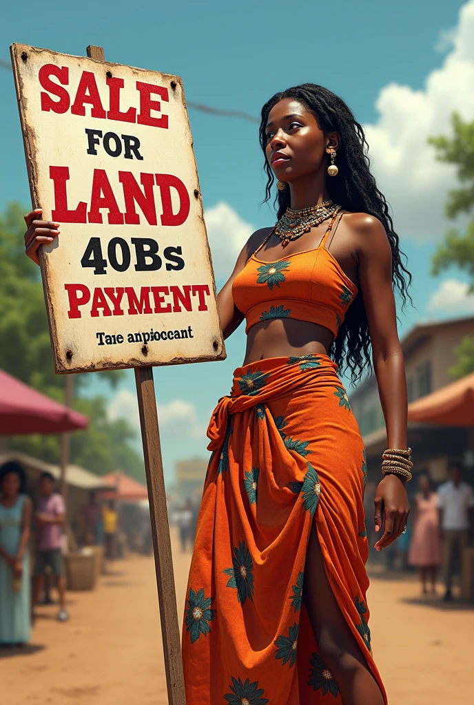 Woman advertising with a sign, sale of land with 400Bs down payment 