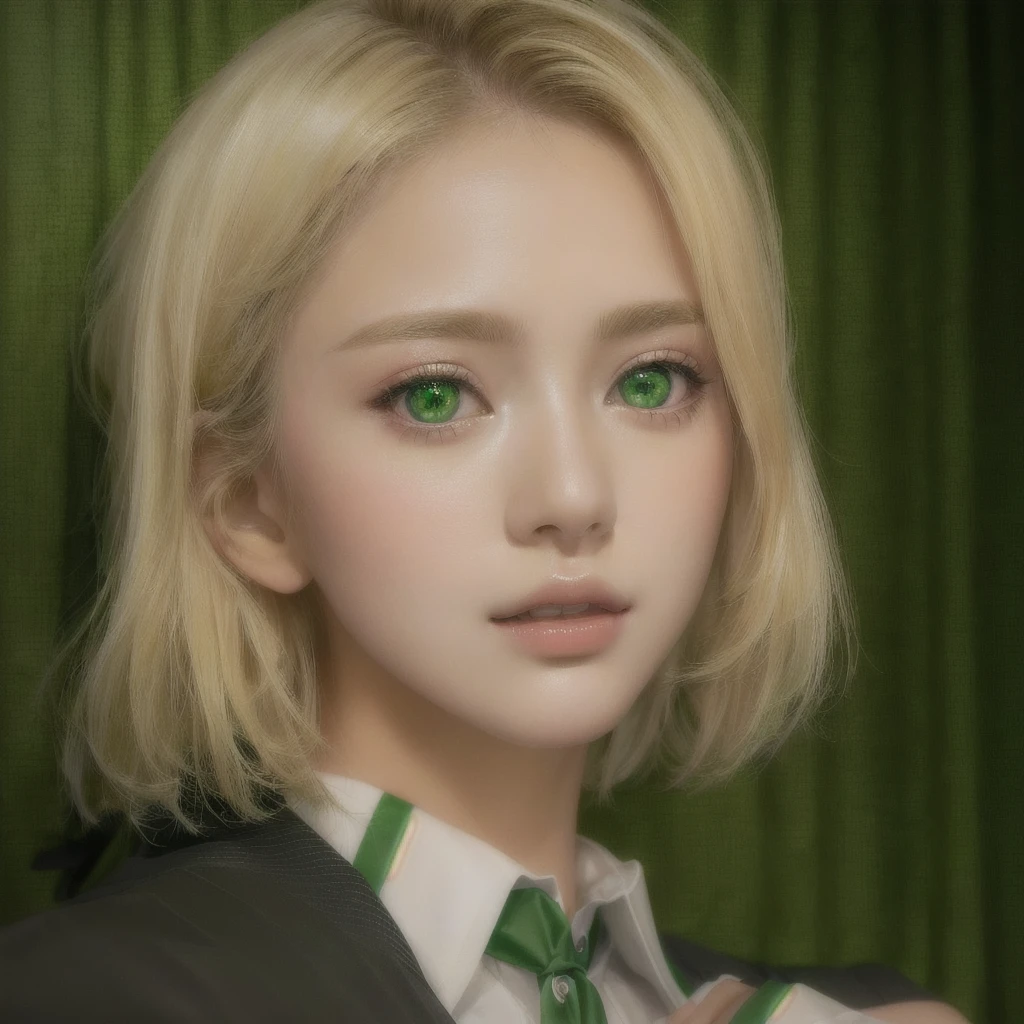 Green eyes、緑色のネクタイをしたBlondeの女性が写真を撮るためにポーズをとっている, Inspired by Yanjun Chen, Soft Portrait Shot 8k, a Surreal school girl, Cute realistic portrait, Cute round green slanted eyes, Blonde、Green Eyes, Surreal school girl, with 深いGreen Eyes, K-Pop Idol Portraits, Blackpink&#39;s Joshi portrait, 深いGreen Eyes
