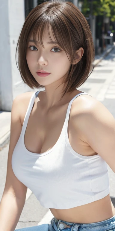Photoreal、Masseter muscle part、highest quality、High resolution、RAW photo、realistic、bright lighting、face light、smooth professional lighting、japanese woman、Beautiful woman、modeled、gravure、sexy、super beautiful、realistic and beautiful skin、beautiful and detailed eyes、detailed face、slim、、short hair、brunette colored hair、brown eyes、looking at camera、white tank top、shorts、pose for a photo