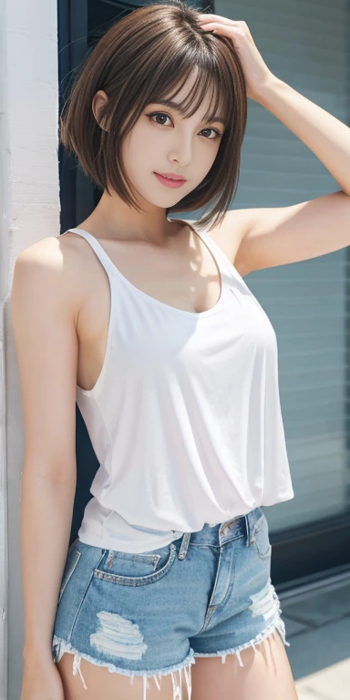 Photoreal、Masseter muscle part、highest quality、High resolution、RAW photo、realistic、bright lighting、face light、smooth professional lighting、japanese woman、Beautiful woman、modeled、gravure、sexy、super beautiful、realistic and beautiful skin、beautiful and detailed eyes、detailed face、slim、、short hair、brunette colored hair、brown eyes、looking at camera、white tank top、shorts、pose for a photo
