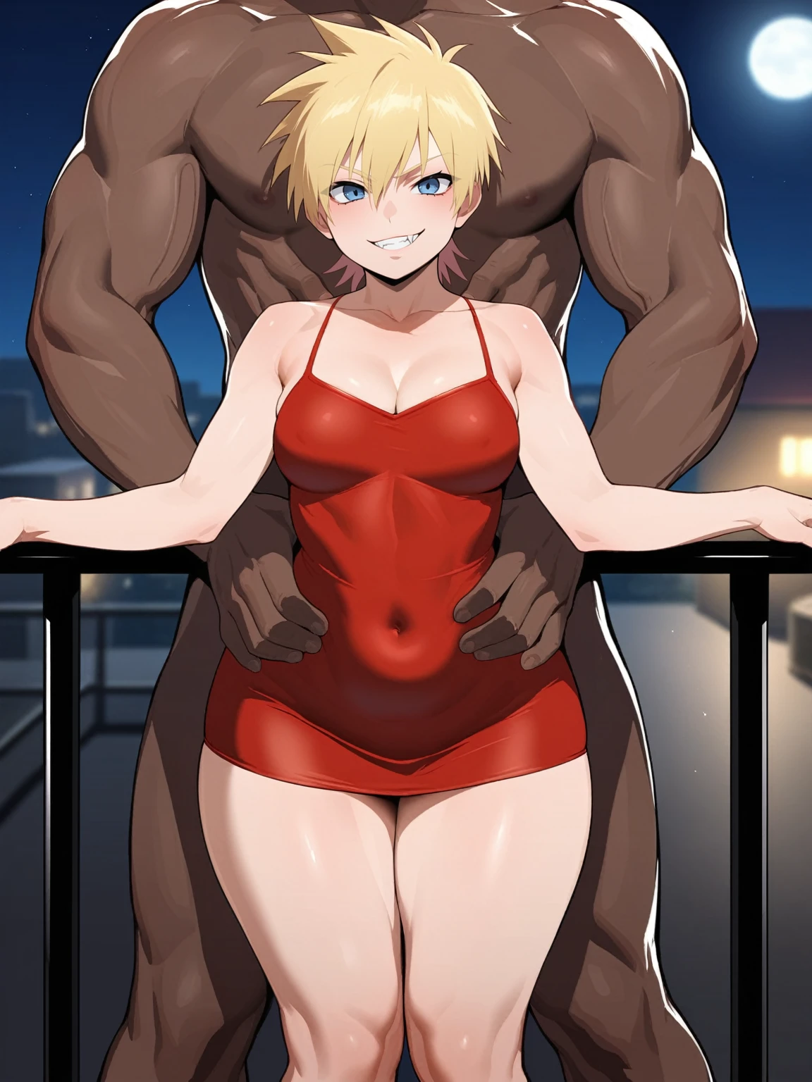 score_9, score_8_up, source_anime, standing, hellsing, seras, blonde hair, nude, indoors, night, night sky, nighttime, vampire, smirk, fangs, ikuchan, balcony, town background, clothed, nude male, hugr penis, enormous penis, muscular male, medium breasts, boyfriend, couple, looking at viewer, faceless male, dark skinned male, cuckold pov, ntr, netorare, standing side by side, standing, cuckolding, cuck, 1girl, 1boy, black haired male, interracial, BLACKED, bbc, raceplay, smug, humiliation, ((faceless male)), ((size difference)), tall male, waist grab, ((dark skinned male))), gown, dress, bulge, seductive, navel, short dress, red dress, furry, tiger, anthro on human, tiger girl, chubby, bbw, male head out of frame, ((size difference)), , ((large male)), black haired male, solo focus, huge thighs, standing side by side