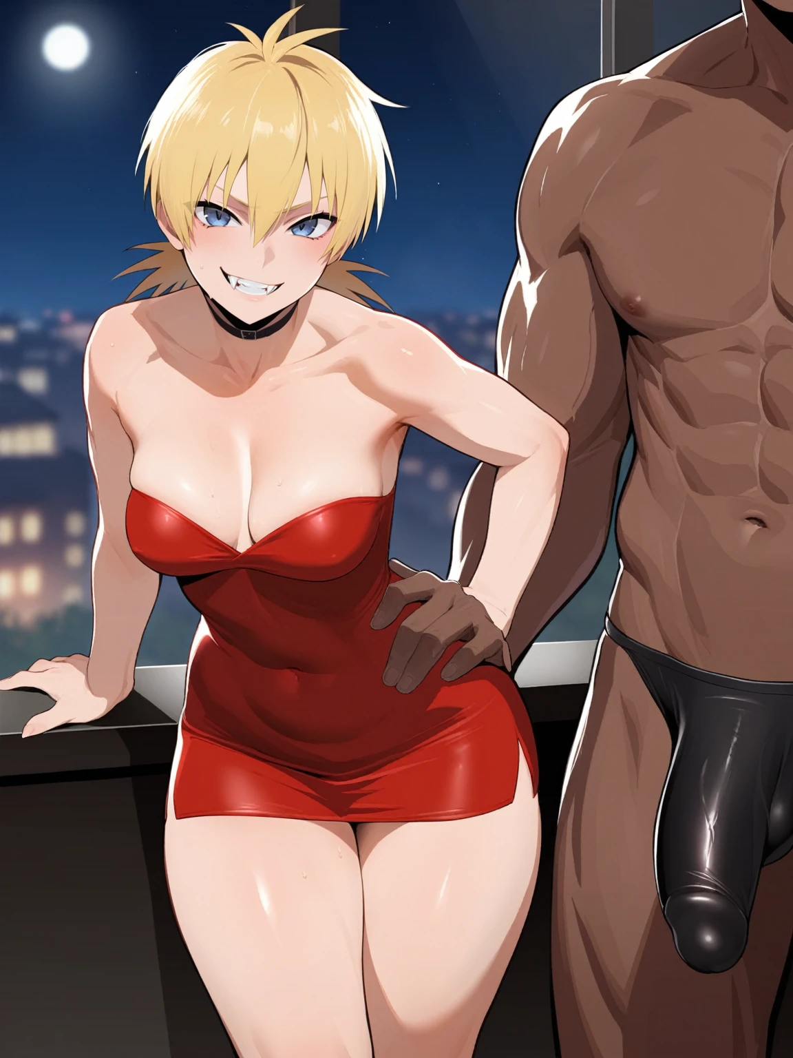 score_9, score_8_up, source_anime, standing, hellsing, seras, blonde hair, nude, indoors, night, night sky, nighttime, vampire, smirk, fangs, ikuchan, balcony, town background, clothed, nude male, hugr penis, enormous penis, muscular male, medium breasts, boyfriend, couple, looking at viewer, faceless male, dark skinned male, cuckold pov, ntr, netorare, standing side by side, standing, cuckolding, cuck, 1girl, 1boy, black haired male, interracial, BLACKED, bbc, raceplay, smug, humiliation, ((faceless male)), ((size difference)), tall male, waist grab, ((dark skinned male))), gown, dress, bulge, seductive, navel, short dress, red dress, furry, tiger, anthro on human, tiger girl, chubby, bbw, male head out of frame, ((size difference)), loli, ((large male)), black haired male, solo focus, huge thighs, standing side by side 