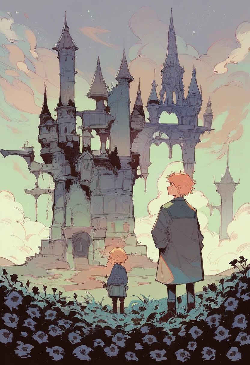 two towers, one about 5 meters apart and one next to the other Whiter tower Dark tower and both with the same height with a starry night without people and with a field full of white and black flowers