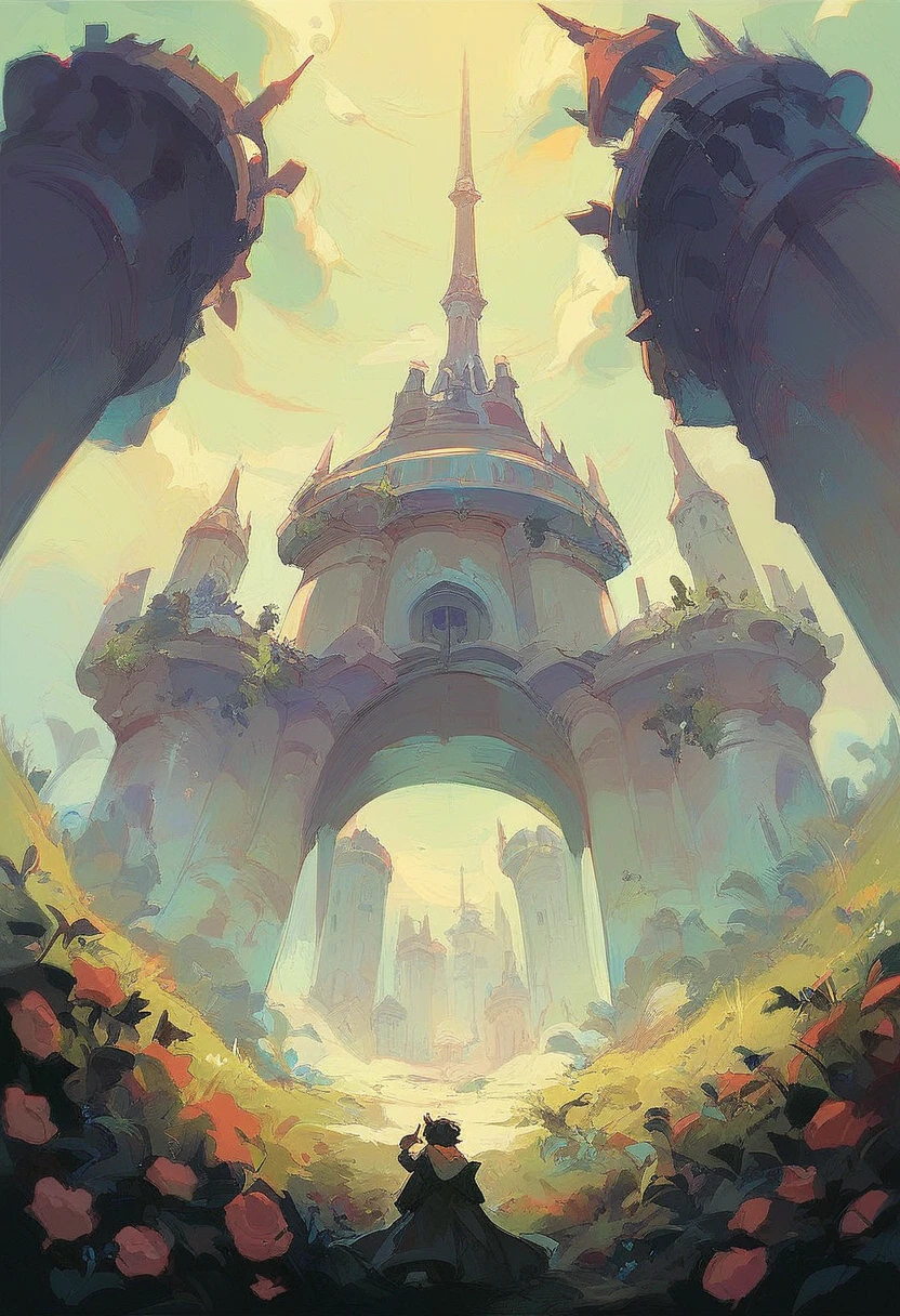 two towers, one about 5 meters apart and one next to the other Whiter tower Dark tower and both with the same height with a starry night without people and with a field full of white and black flowers