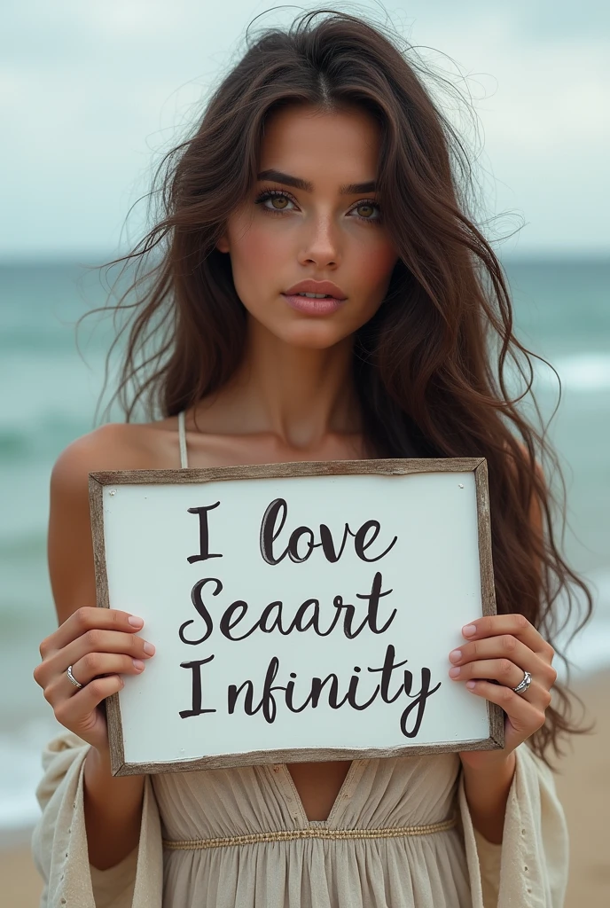 Beautiful girl with wavy long hair, bohemian dress, holding a white board with text "I Love Seaart Infinity" and showing it to the viewer