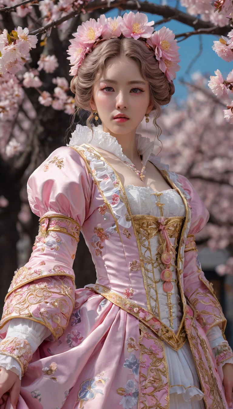 cinematic still, Sakura Maiden, woman, Baroque style, best quality, masterpiece, Representative work, official art, Professional, Ultra intricate detailed, 8k,full body shot, very long eyelashes,