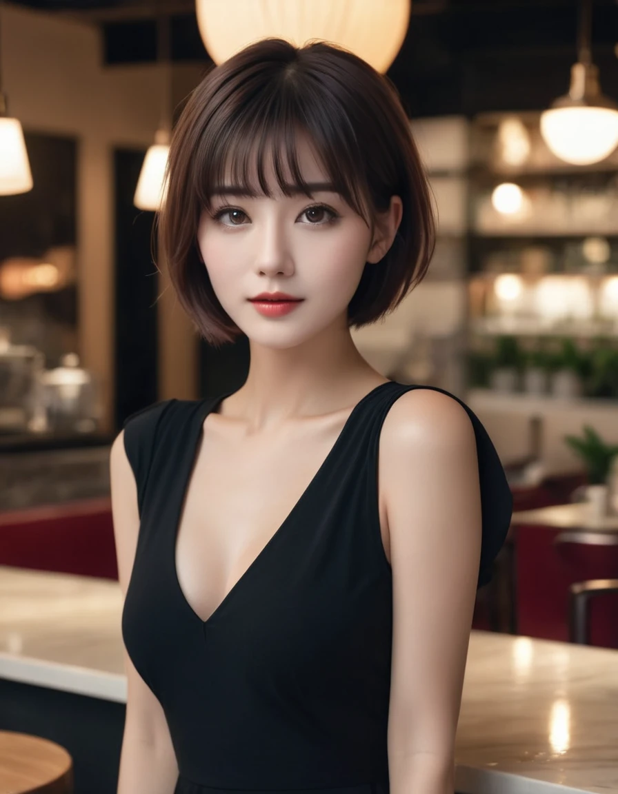 a beautiful woman with short maroon hair, red eyes, wearing a black short-sleeved dress, in a luxury cafe at night, (best quality,4k,8k,highres,masterpiece:1.2),ultra-detailed,(realistic,photorealistic,photo-realistic:1.37),intricate details,high quality,cinematic lighting,dramatic lighting, fair color tones,dramatic atmosphere,elegant,fashionable,portrait