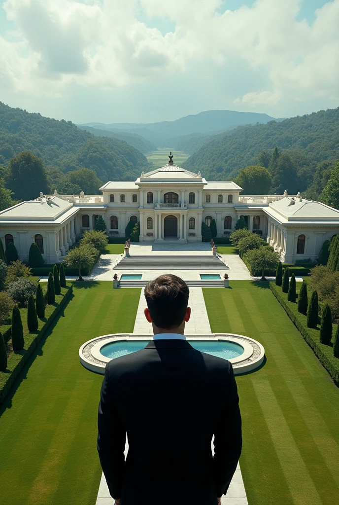 Long shot of billionaire in his compound