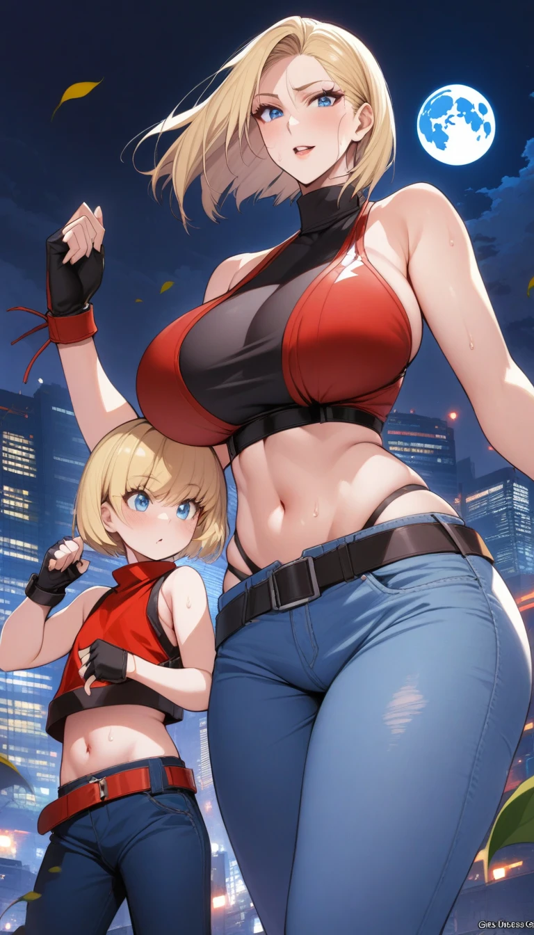 mother and daughter, age_difference,size_difference, two girl huge each other, masterpiece, best quality, very aesthetic, absurdres, ,blue_mary(fatal_fury), snk, the_king_of_fighters, mother and daughter, bare_shoulders, blonde_hair, blue_eyes,  short_hair, bob_cut, sweat,crop_top, fingerless_gloves, large_breasts, midriff, navel, red sleeveless_turtleneck, blue denim pants, belt,cityscape, leaf, moon, night, night_sky, outdoors, sky, skyscraper,,floating_hair,