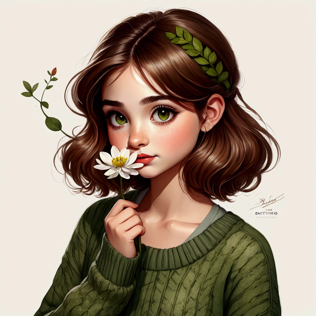Uma ilustracao em aquarela de uma mulher com uma flor na mão e um suéter verde, realistic bonitinho girl painting, bonitinho art style, bonitinho detailed artwork, beautiful estilo de desenho, bonitinho illustration, bonitinho digital art, bonitinho detailed digital art, ilustração serena, bonitinho artwork, bonitinho drawing, com cara de flor, tendências em arte, estilo de desenho, bonitinho cartoon, 🍁 bonitinho, ilustração de estilo cartoon