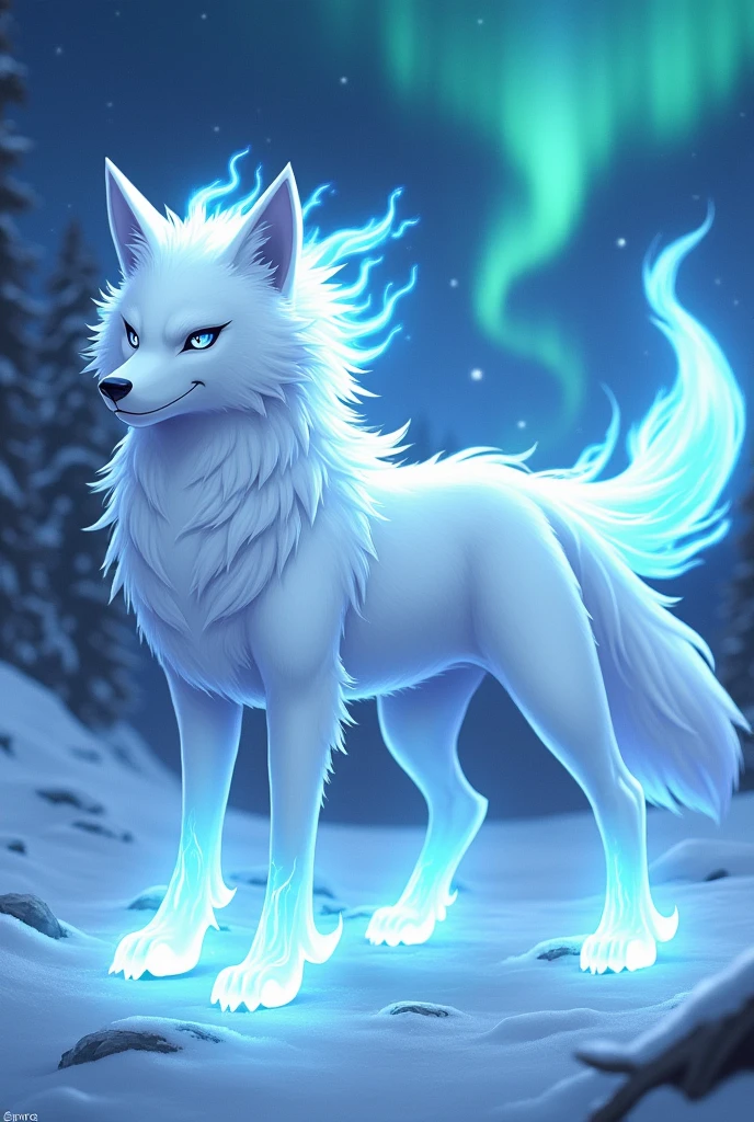 make a pokemon that is a cool white wolf with blue flames and has the ability blaze using the pokemon art style