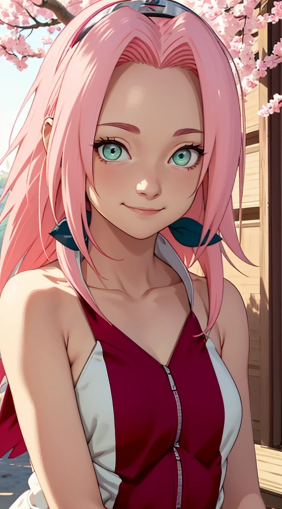 chedevr, Best quality at its best, 1 girl, Naked Sakura Haruno, small breasts,Clothes with open breasts,(split),(upper body close up),raised sexy,shy,smile,with pink hair, long white hair, (Green Eyeballs:1.4), Forehead Protection, cherry trees,Cherry blossoms are flying,red clothes