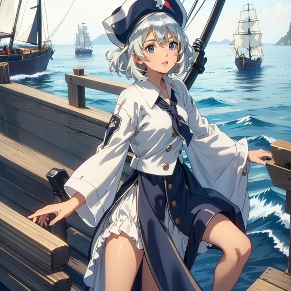 One Girl（８age）, pirate, Highest quality、Cinema Lighting、Sailor suit、Long skirt、 sailboat（Galleon）On the mast、White panties,