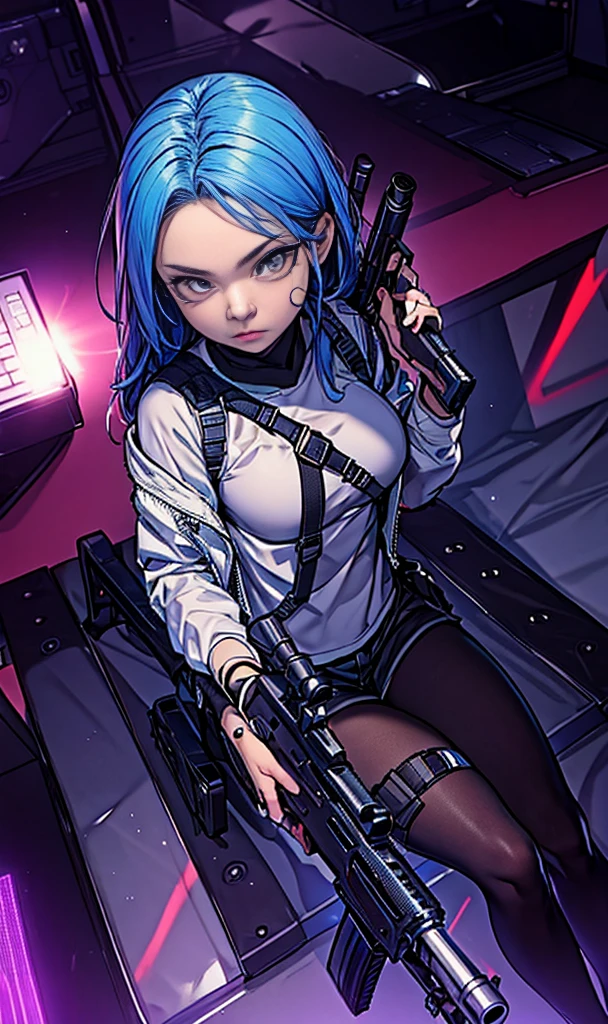 elaizaikedareal、A young woman with a bold look and hairstyle、I have a gun in my hand。She holds the gun with confidence、Because I'm ready to compete、The chest is prominent。