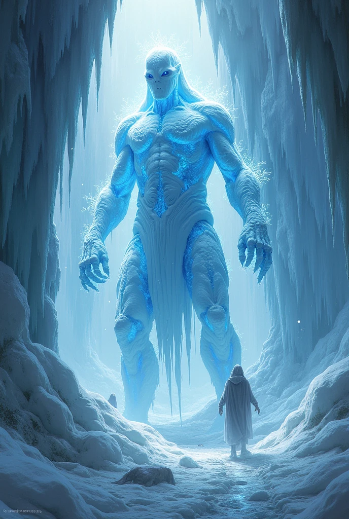 Draw a humanoid ice monster wrapped in snowflakes and surrounded by ice stalagmites with frozen beings inside.