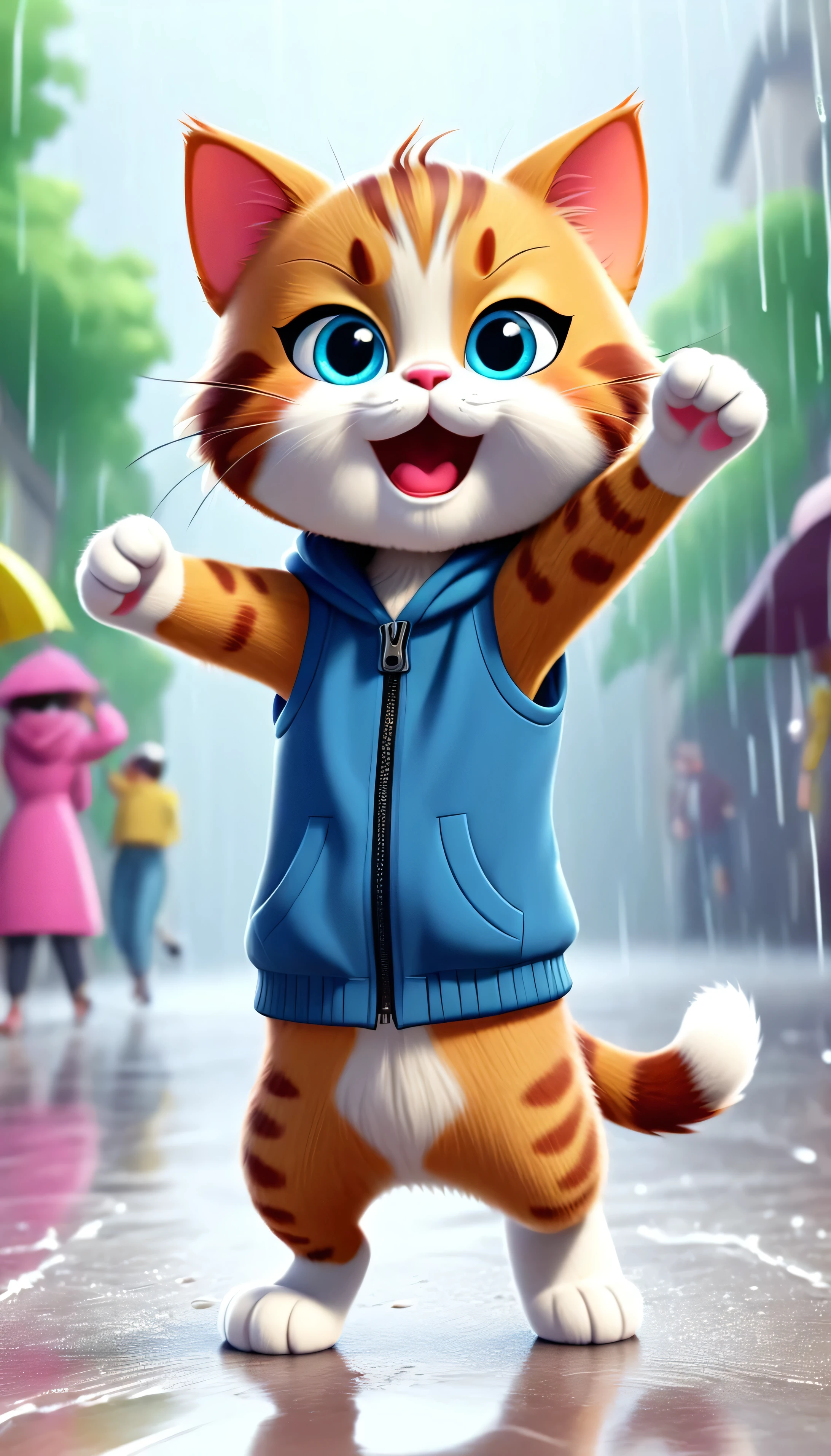 cute cat, cartoon , arms, hands ,cute eyes, looking at viewer, arms up, close, background, clothes, raining