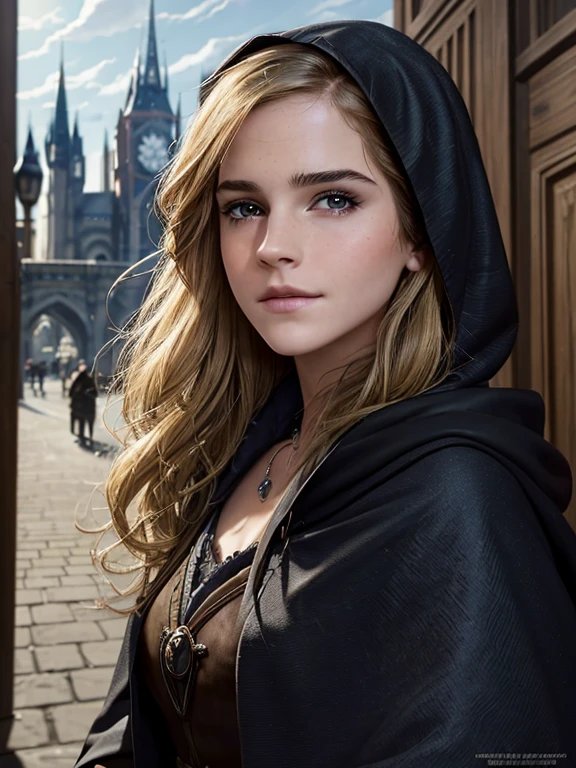 (((masterpiece、top-quality、ultra-detailliert、ighly detailed)))、Unique lighting effects、cowboy shot、face lights、(((Portrait of a 40 year old female wizard)))、cowboy shot、femele、Emma watson、Elegant person、slender physique、Sorcerer、Black magician's robe with delicate and intricate pattern(Hooded)Wearing、(Wearing a black hood)、Dirty Blonde Hair、Big blue eyes、Detailed face and eyes、Sharp eyes、Focus from the waist up、A slight smil、Detailed hand depiction、Summer afternoon、University Auditorium、Medieval city gate behind、Fantasyart、dark fantasy vibe、Dynamic action、watching at viewers