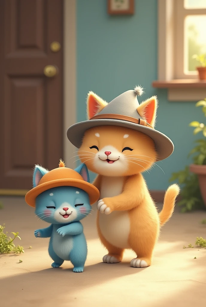 A beige cat with grey hat takes blue kitten with orange hat to home
