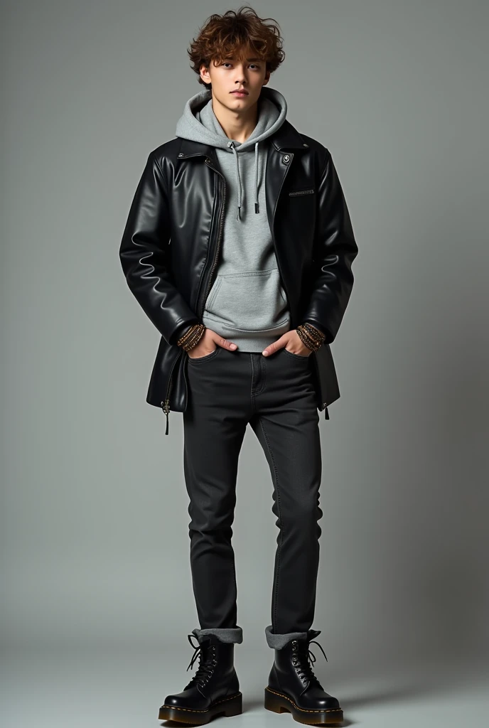 masutepiece, of the highest quality, High Definition)), (Photorealistic,Speciality: 1.4),autumnal/Hair catalog magazine portrait of 20 year old Japan male idol in winter casual style. Wearing Zara's black leather jacket, Gray hoodie, dark jeans, Dr. Black boots. Martens, And leather bracelets. The appearance is soft and fashionable. （Autumn hairstyle/Winters. Curta, Medium Hold, The appearance of curly texture,Light brown hair color ：1.2）,Reflects an energetic and stylish personality.