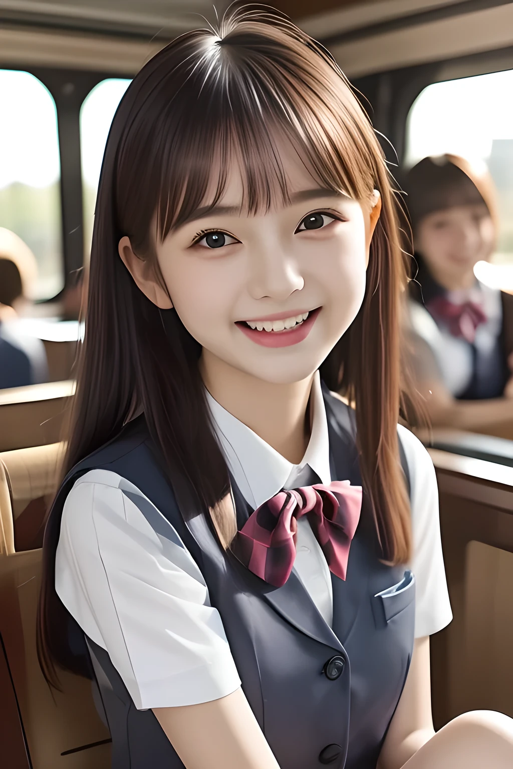 (highest quality, masterpiece, high resolution:1.2), 4K, (Photo quality detailed face: 1.4), (Giorgione painting style: 0.8), geometry, (13 yo cute girly Japanese girl is seated and looking ME up in a train: 1.0), Laughing cutely, (neat girly white short-sleeves school blouse: 1.0), (puffed short sleeves: 1.0), (Dark red glossy school ribbon on the breast: 1.0), (Gray Japanese school girly vest Uniform: 1.2), (Box-pleated gray short school skirt: 1.2), (Extremely laughing cheeks: 1.0), (Beautiful light-amber cute-dolly large clear eyes with detailed cutely: 1.4), (Long bottom eyelashes: 1.2), (Expressing the greatest joy with her whole body: 1.2), (Glossy lips: 1.0), (Super-straight super-long hair: 1.5), (white and clear skin: 1.0), (Promoting Shampoo: 1.2)