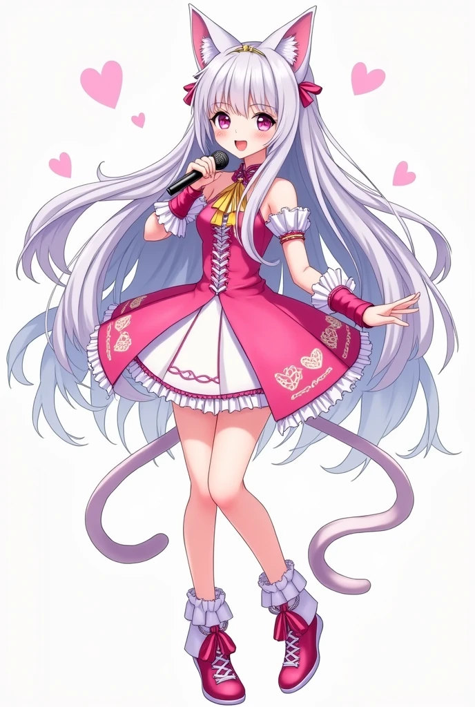a drawing of a magical girl with anime aesthetics who is an idol with long white hair and cat ears and tail, wearing a short skirt and with a microphone in her hand singing, The dress is very striking and colorful in pink and white tones, with white ears and tail