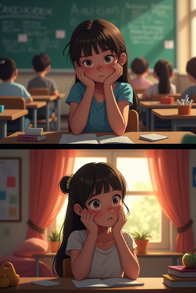I want two photos, one in which a girl gets bad grades at school and another in the house consoling herself for being pretty. 